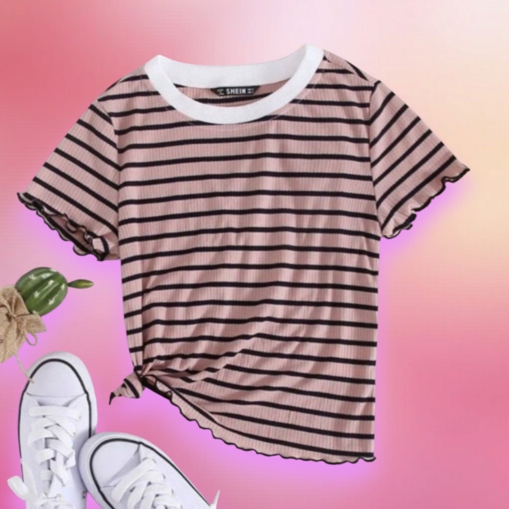 Contrast Neck Lettuce Edge Striped Tee